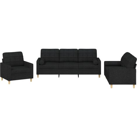 3-tlg. Sofagarnitur mit Kissen Schwarz Stoff vidaXL