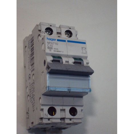 Disjoncteur 10A 1P+N courbe C 6/10kA 2 modules GROUPE HAGER NFN710 (1/2)