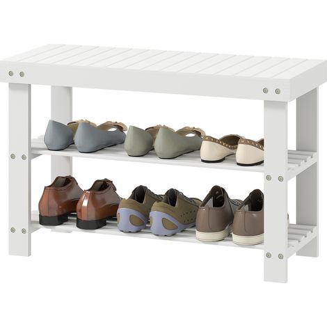 Banc à chaussures d'entrée assise pratique 70 x 28 x 45 cm étagères à lattes 3 niveaux scandinave épuré en bambou blanc (1/5)
