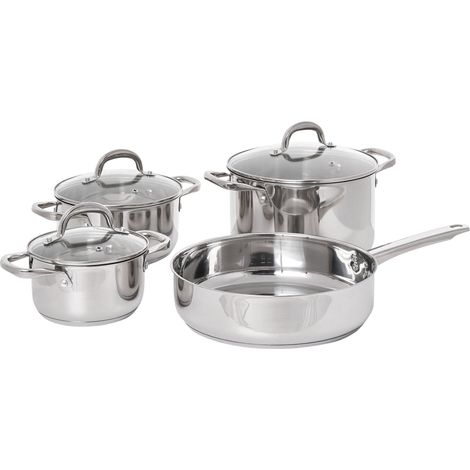 Ensemble de 7 Ustensiles de Cuisine en Acier Inoxydable 3 Casseroles et 1 Poêle à Frire avec 3 Couvercles Argenté Primecook