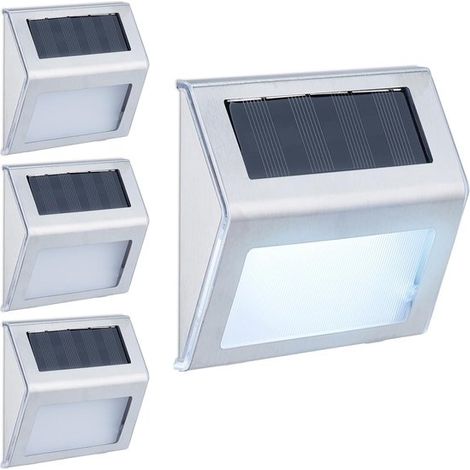 Apliques solares de pared para exteriores, juego de 4, luces LED para exteriores, jardín, valla, patio, impermeables, plateados. (1/5)