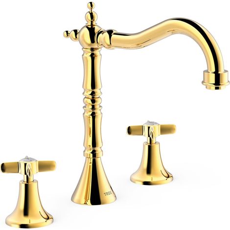 TRES 24210501OR TRES CLASIC Grifo Bimando De Repisa para Lavabo Color Oro 24K - ref: 24210501OR