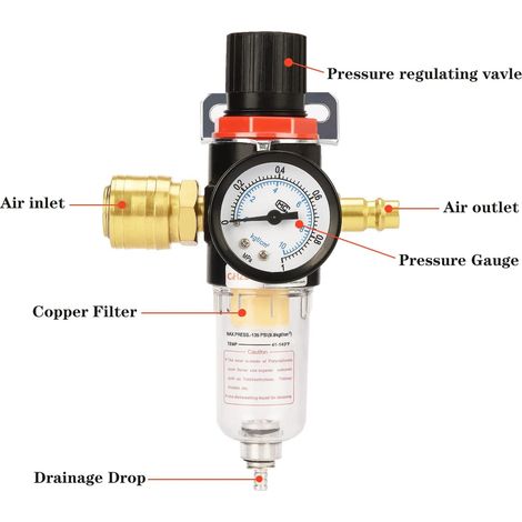 JSSEVN - 1/4" Air Pressure Regulator, Compressed Air Pressure Regulator, Air Compressor Filter, Air Filter, Moisture Separator, Compressed Air Quick Connect Fitting (1/5)