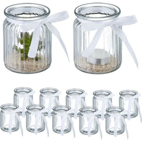 Relaxdays Candle Holders, Set of 12, Glass, Jar with Bow, Tealight Table Decor, 9.5 x 7.5 cm, Indoors & Outdoors, Clear