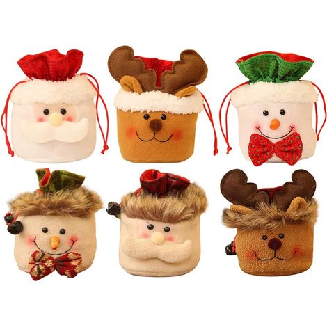 6 Sachets cadeau, Velours, Fermeture à cordon, Motifs Noël, Pour bonbons et décorations (1/5)