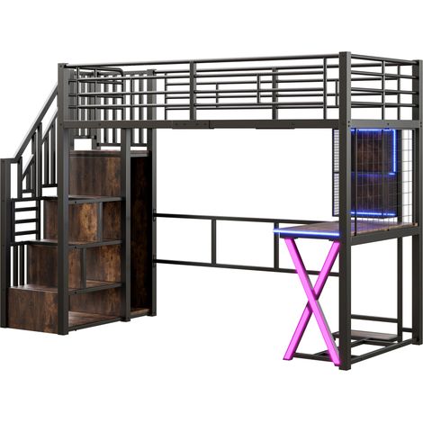 Letto a soppalco 90x200 cm con LED, scrivania, armadio, scala contenitore e mensole nero (1/5)