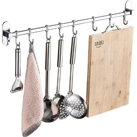 Cuisine Support de Rangement pour Ustensiles Spatule Casserole avec Crochet Mural Imperméable sans Perçage,40cm,6 Crochets-Ywey (1/4)