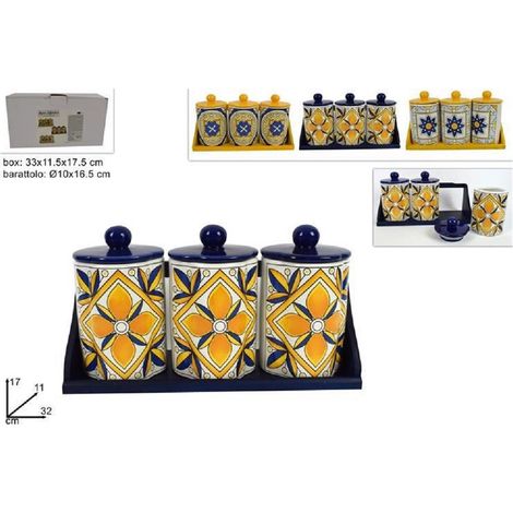 TrAdE Shop Traesio - Tris Barattoli Set 3 Pz Barattoli Con Supporto Ceramica Decoro Fantasia Maiolica -