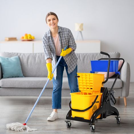 Chariot de ménage de lavage essoreuse latérale seau 26 L + panier de rangements 78 x 45 x 95 cm - jaune