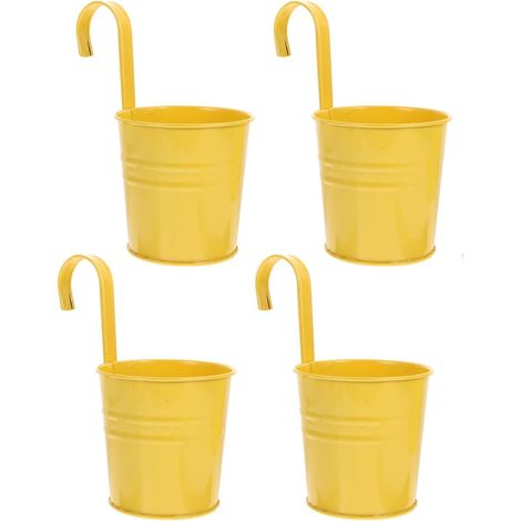 Lot de 4 Pots de fleurs en métal - Jaune - Avec trou de drainage et crochet - Pour balcon et jardin