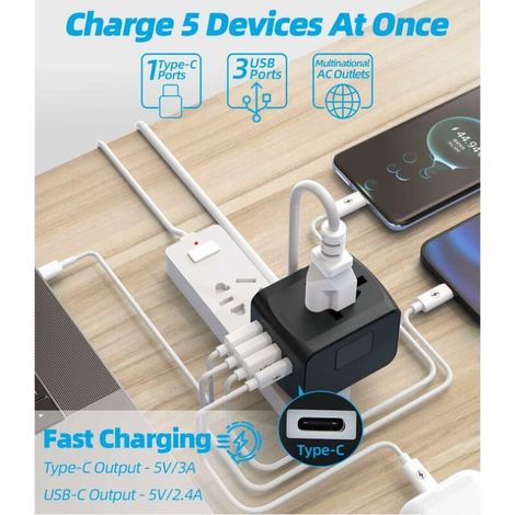 Adaptateur de voyage, adaptateur universel avec ports USB Type-C+3 et prise d'alimentation, adaptateur pour plusieurs pays (1/4)