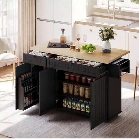 MEUBLIV Îlot de cuisine à roulettes noir et bois 137x70x89,5 cm avec plateau rabattable (1/5)