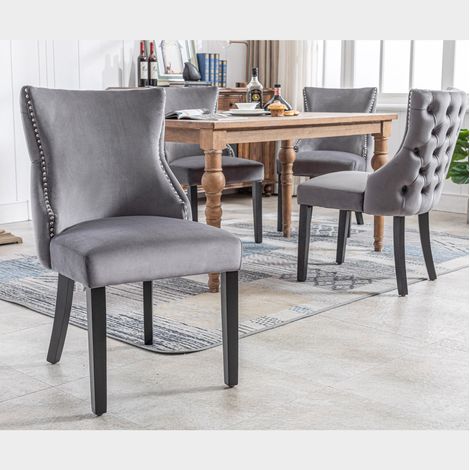 Stuhl Esszimmerstuhl Samt Massivholz Grau Knopfsteppung OKMYHOME (1/5)