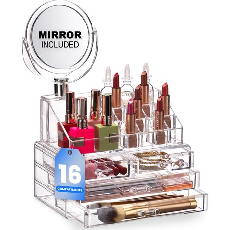 Organisateur cosmétique transparent avec miroir - Organisez facilement les cosmétiques, les bijoux et les accessoires pour cheveux. Aspect élégant assis sur votre coiffeuse, comptoir de salle de bain (1/5)