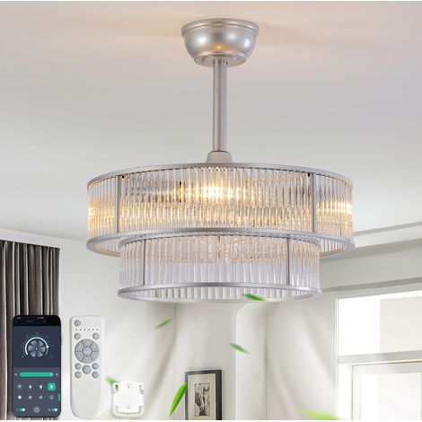 Ventilador de techo de 19 pulgadas con luz, control Bluetooth y mando a distancia, 6 velocidades, plateado
