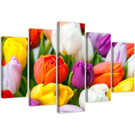 Quadri Quadro 5 pezzi Stampa su tela Fiori di tulipani colorati - 200x100 (1/5)
