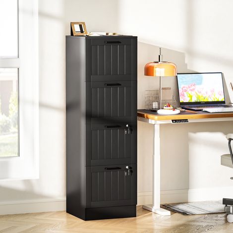 Armoire de bureau en bois, avec 4 tiroirs et serrure, rails de suspension réglables, 40 x 40 x 131 cm, noire (1/5)