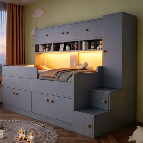 Cama infantil 90x200 cm con armario almacenamiento escalera y led - estructura de cama de madera con somier de láminas barrera de seguridad - gris (1/5)