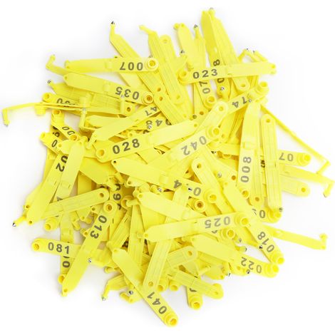 100 étiquettes d'oreille de mouton jaunes à double pliage avec numéro intégré pour l'identification animale (1/5)