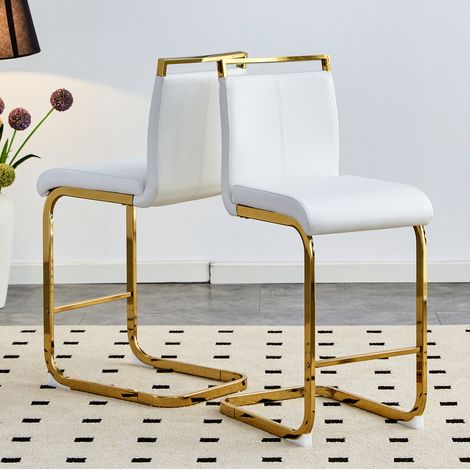 Tabouret de bar en métal et PU blanc, doré, lot de 2, stable, élégant, repose-pieds,39×46.5×96.5cm (1/5)