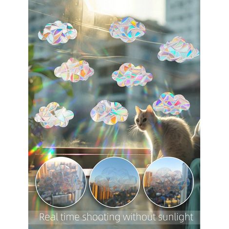 Lot de 8 autocollants de fenêtre "nuage coloré étincelant" nouveaux : autocollant en vitrail de prisme arc-en-ciel, décalque oiseau irisé anti-collision pour vitres. (1/5)