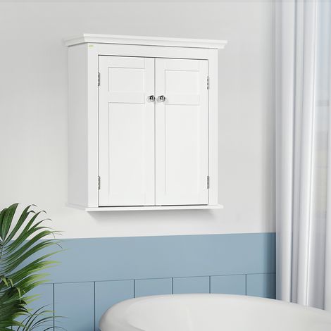 Meuble de salle de bains mural avec étagères réglables et portes à fermeture magnétique, 58 x 24 x 60 cm, blanc (1/5)