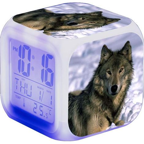 Réveil LED Wolf pour enfant - Réveil de chevet carré - Avec écran LCD lumineux - Motif loup (11) (1/5)