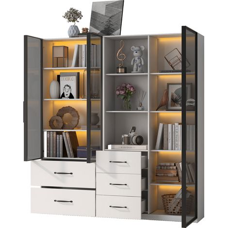 Vitrina Librería Modular con 5 Cajones y Huecos Abiertos, LED, para Salón, en Tablero de Partículas, 140 x 40 x 160 cm (1/5)