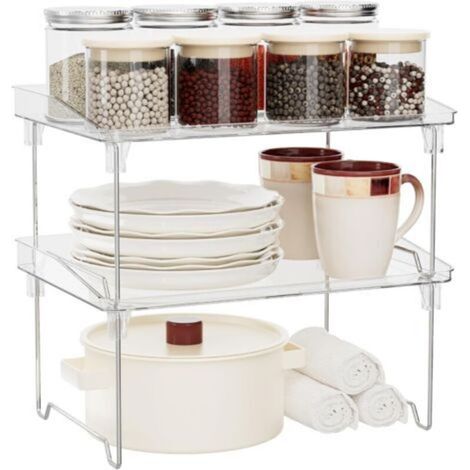 Lot de 2 étagères de rangement empilables pour cuisine, étagère à épices, étagères de rangement en plastique transparent pour maquillage, salle de bain, placard, bureau