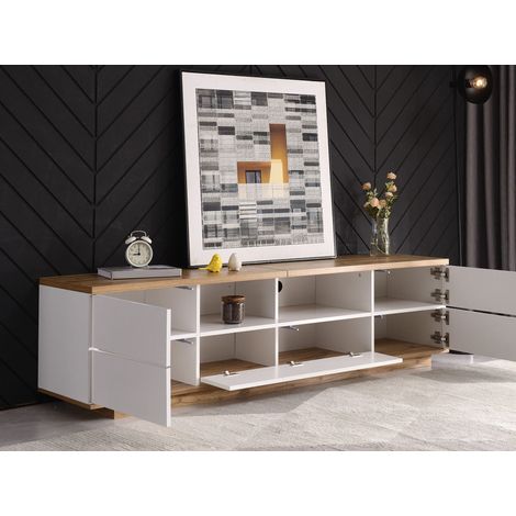 Meuble TV moderne blanc bloc couleur 180 cm, avec motif bois, meuble de salon pour téléviseur (1/5)