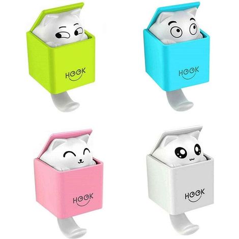 4 Pack Self Adhesive Hooks, Novelty Plastic Cat Wall Hooks, Decorative Animal Hooks, Heavy Duty 2kg Max for Back of Door, Coat Hanger for Bathroom/Bedroom/Kitchen/Nursery (1/5)