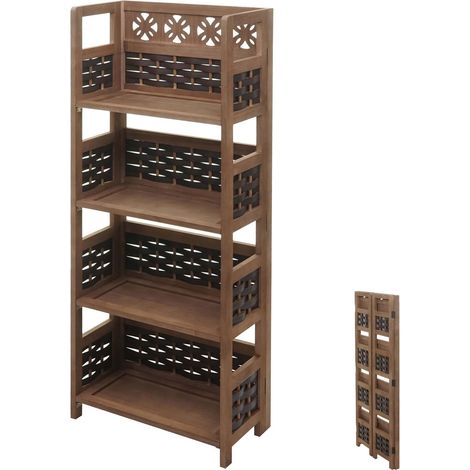 Étagère HWC-K86 pliable 4 étagères - Bois 110cm - brun foncé - tressage brun foncé (1/5)
