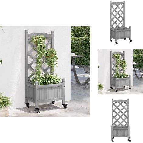 Jardinière avec treillis et roues gris bois massif de sapin - Jardinier - Pot De Fleurs - Fleur Grimpante - Plante Grimpante - Bac À Planter (1/5)