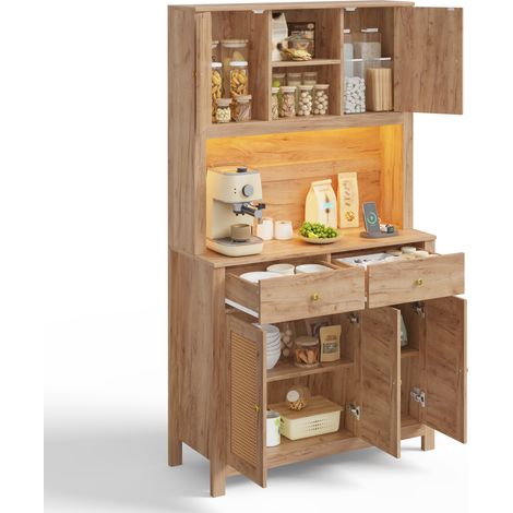 Armoire de cuisine haute avec éclairage LED et prises, buffet de rangement en rotin, 100x40x180 cm (1/5)