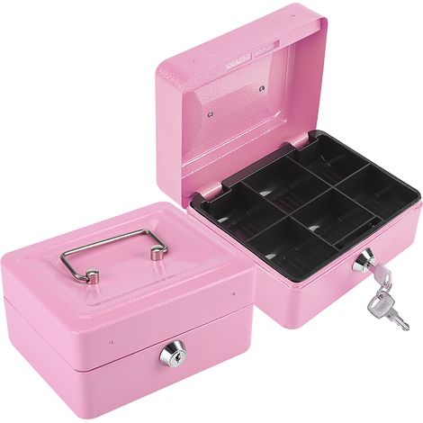 Coffre-fort portable en acier rose, mini et verrouillable, pour pièces et billets. (1/5)