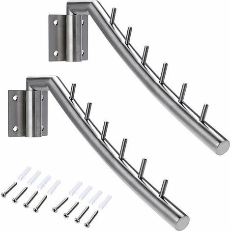 Appendiabiti a 2 barre/ganci, in acciaio inox, da parete, girevole a 180°, portata massima 30 kg, con 6 aste per organizzare vestiti, collane ecc.