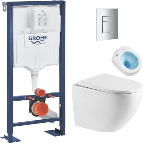 Grohe – Pack bâti-support autoportant – WC suspendu sans bride Vortex – Abattant SoftClose – Plaque chrome – Installation rapide et facile (1/5)