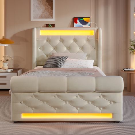 Letto imbottito in velluto beige 90x200 cm con materasso incluso, LED, contenitore idraulico e USB/Type-C (1/5)