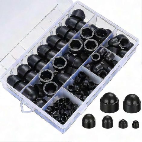 145-teiliges Set: Schraubkappen, Schrauben, Kunststoff-Hutmuttern, Sechskantschutzkappen, schwarze Mutternabdeckungen M4 M5 M6 M8 M10 M12 (1/5)