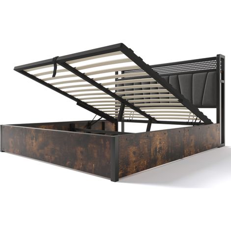 Cama doble gris 180 x 200 cm con LED RGBW, USB y enchufes, cabecero acolchado HOMVRA (1/5)
