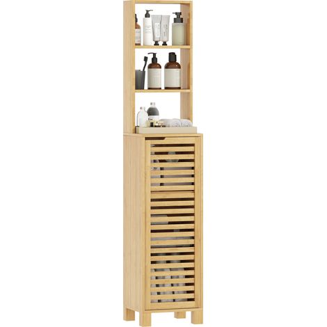 Mobiletto da bagno stretto Irovami, mobiletto alto con 3 ripiani a giorno e regolabili, anta a doghe, 34 x 30 x 170 cm, colore naturale.