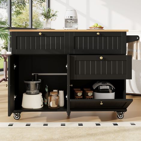 Îlot de cuisine moderne noir aspect bois, buffet et desserte multifonction, table de salle à manger avec rangements et placards extensibles, meuble de rangement polyvalent (1/5)
