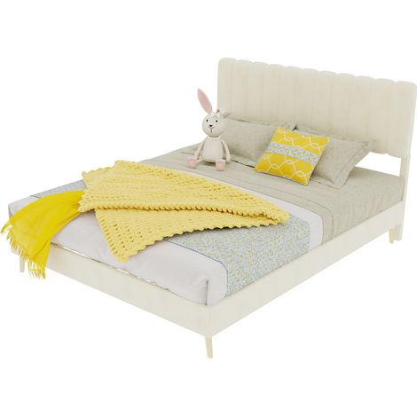 Polsterbett 140x200 cm mit Kopfteil, modernes Samtbett in Beige, stabiles Holzbettgestell, minimalistisches Doppelbett ohne Matratze (1/5)