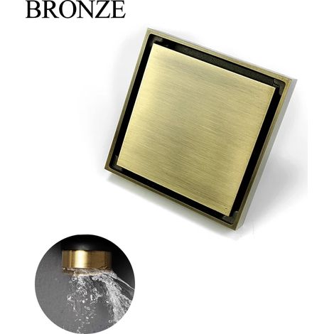 (Bronze)Brushed Nickel 10X10cm Square Shower Drain Tile Insert Anti Odor Brass Floor Drain Kit with Removable Grate Cover Hair Strainer (1/4)