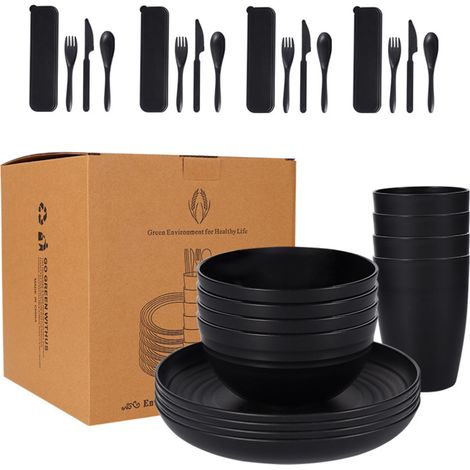 28-teiliges Essgeschirr-Set bestehend aus einer Schüssel, einer Tasse, einem Messer, einer Gabel und einem Plastiklöffel.