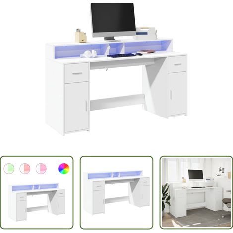 Rangement bureau - Bureau avec lumières LED blanc 160x55x91 cm bois d'ingénierie (1/5)