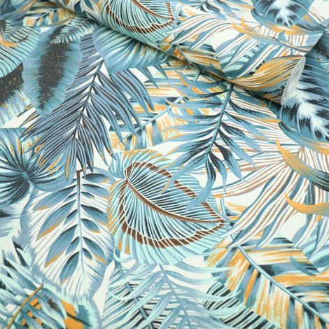 Papier peint vinyle sur intissé – Néo Jungle – Feuilles exotiques bleues – Largeur 53 cm – Longueur 1005 cm – Lessivable et facile à poser – Rasch
