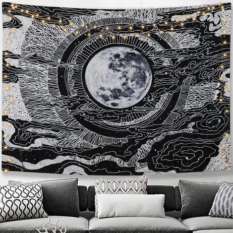 Tapisserie murale Lune et Étoiles, tapisserie mandala en tissu, tapisserie tarot, art mural noir et blanc pour la décoration du salon et de la chambre (Lune, L/148x200cm) (1/4)