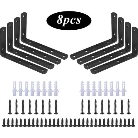 Équerre de fixation, lot de 8, équerre en L à angle droit, acier inoxydable, noir, équerre d'étagère/d'angle 125 mm x 75 mm x 20 mm avec 48 vis et 16 chevilles (1/4)