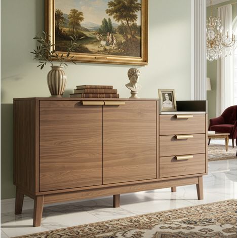 Commode 120x40x77 cm chêne foncé en bois et métal avec plateau effet marbre, 3 tiroirs, niche ouverte et placard (1/5)